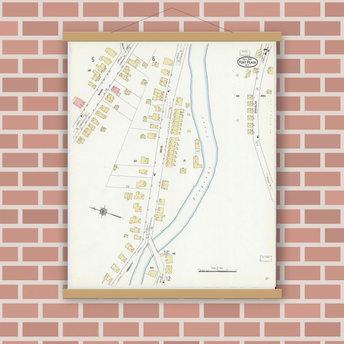 Old map wall art mockup — magnetic wood frame on brick wall — Sanborn Fire Insurance Map from Fort Plain, Montgomery County, New York (1912), Sheet #0007