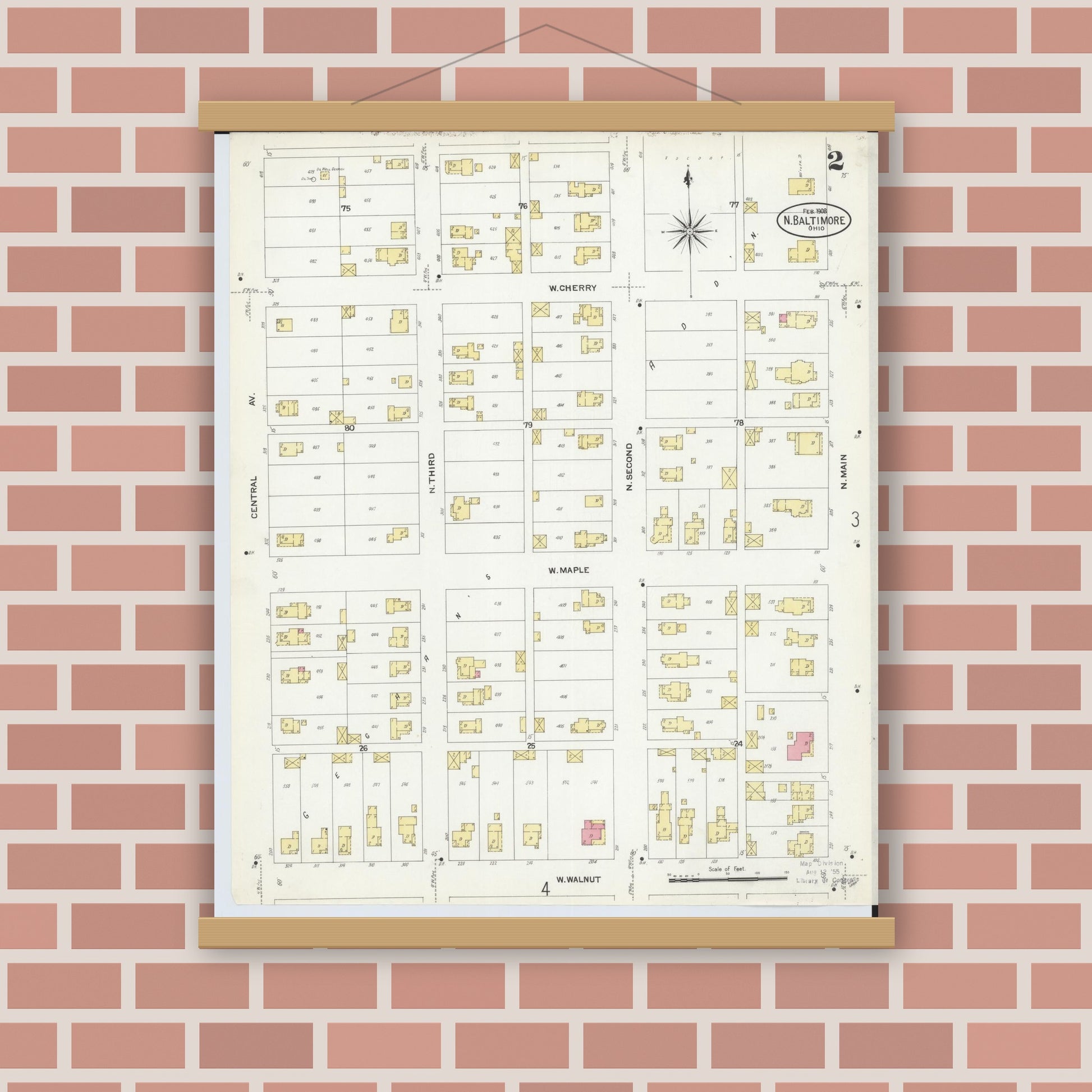 Old map wall art mockup — magnetic wood frame on brick wall — Sanborn Fire Insurance Map from North Baltimore, Wood County, Ohio (1908), Sheet #0002