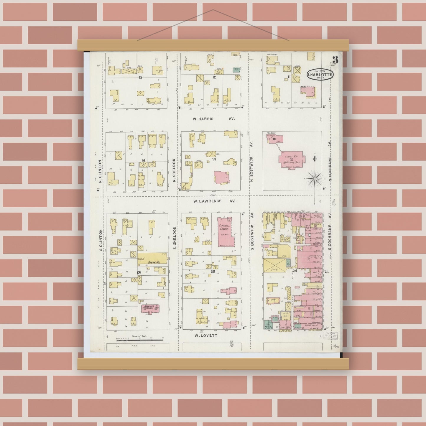 Old map wall art mockup — magnetic wood frame on brick wall — Sanborn Fire Insurance Map from Charlotte, Eaton County, Michigan (1895), Sheet #0003
