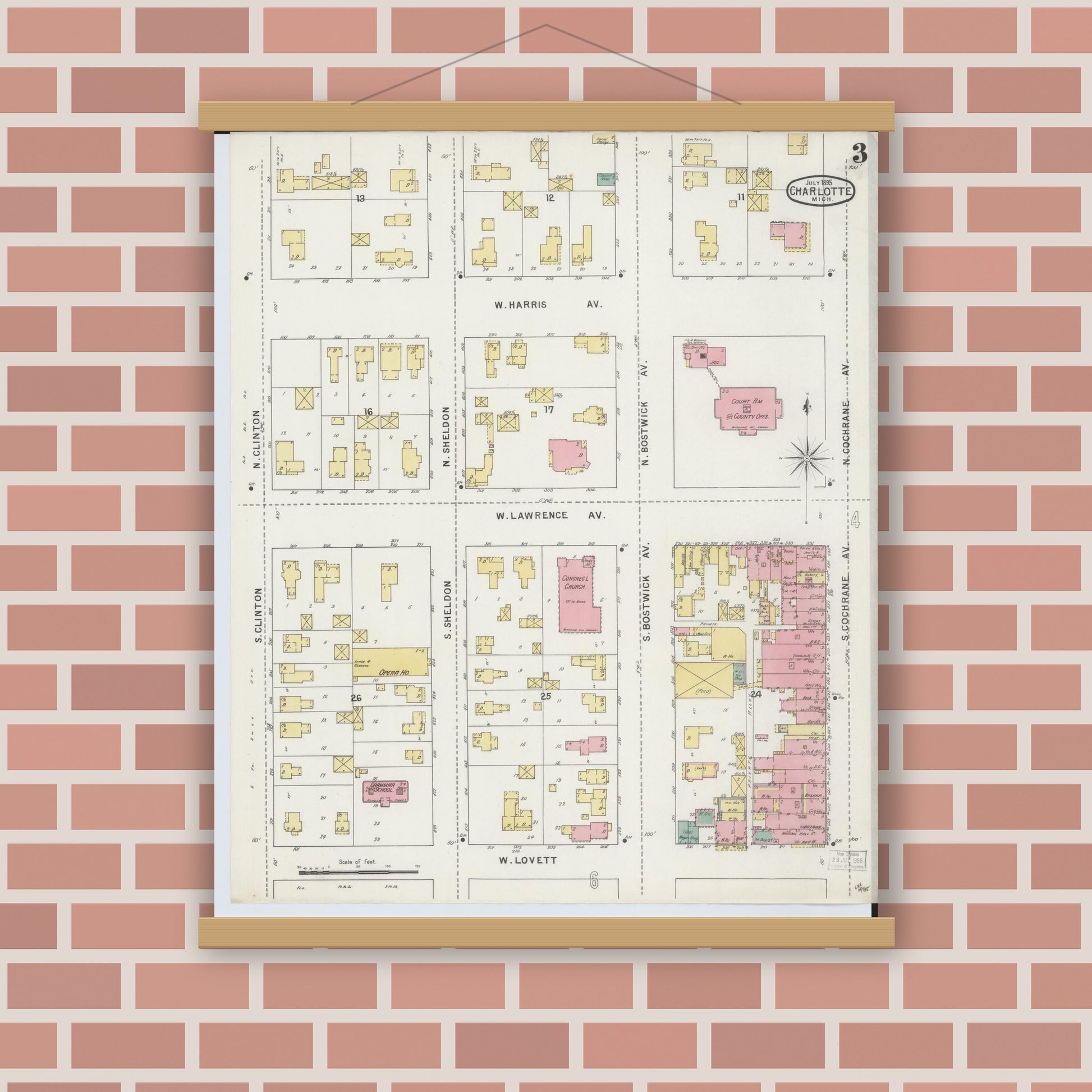 Old map wall art mockup — magnetic wood frame on brick wall — Sanborn Fire Insurance Map from Charlotte, Eaton County, Michigan (1895), Sheet #0003