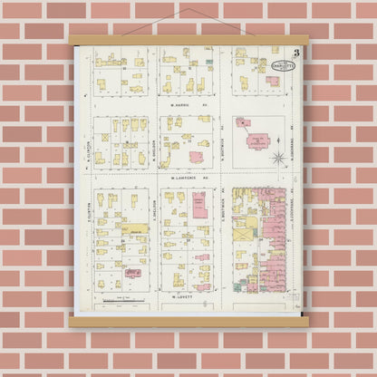 Old map wall art mockup — magnetic wood frame on brick wall — Sanborn Fire Insurance Map from Charlotte, Eaton County, Michigan (1895), Sheet #0003