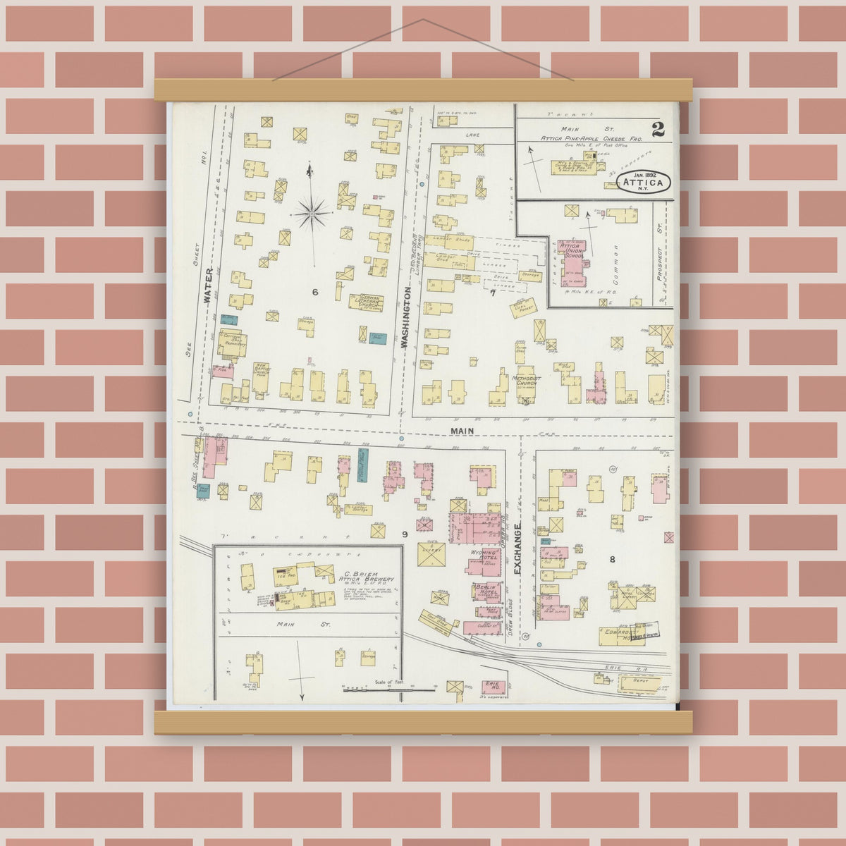 Old map wall art mockup — magnetic wood frame on brick wall — Sanborn Fire Insurance Map from Attica, Wyoming County, New York (1892), Sheet #0002