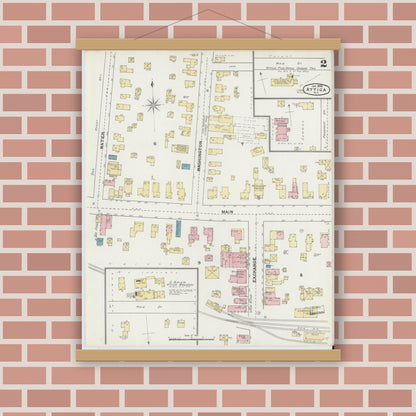 Old map wall art mockup — magnetic wood frame on brick wall — Sanborn Fire Insurance Map from Attica, Wyoming County, New York (1892), Sheet #0002