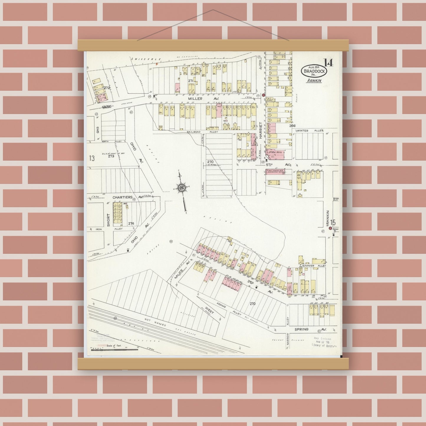 Old map wall art mockup — magnetic wood frame on brick wall — Sanborn Fire Insurance Map from Braddock, Allegheny County, Pennsylvania (1914), Sheet #0014
