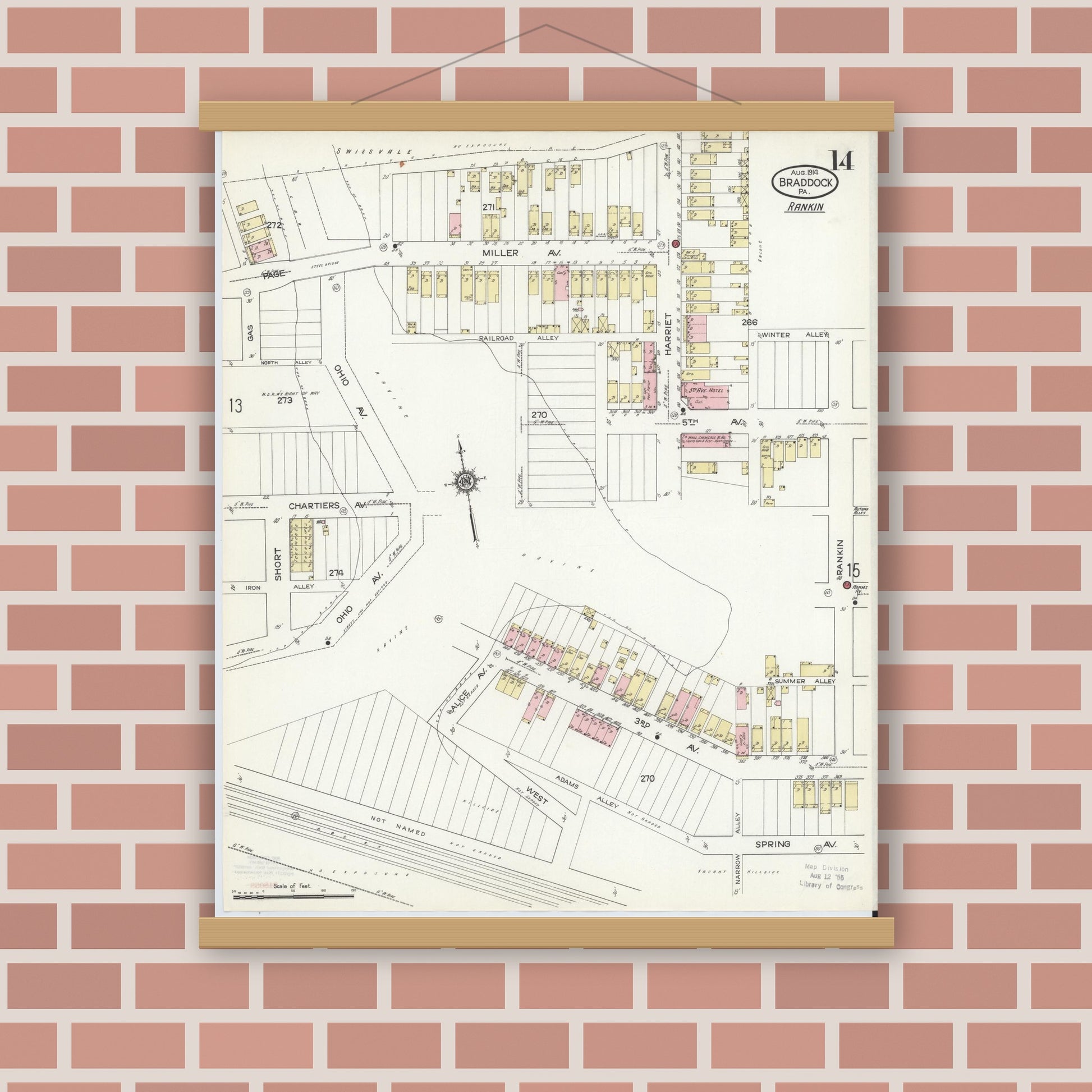 Old map wall art mockup — magnetic wood frame on brick wall — Sanborn Fire Insurance Map from Braddock, Allegheny County, Pennsylvania (1914), Sheet #0014
