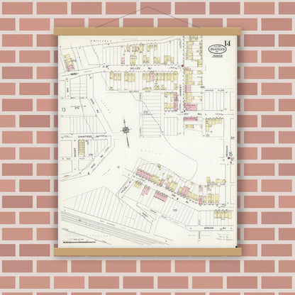 Old map wall art mockup — magnetic wood frame on brick wall — Sanborn Fire Insurance Map from Braddock, Allegheny County, Pennsylvania (1914), Sheet #0014