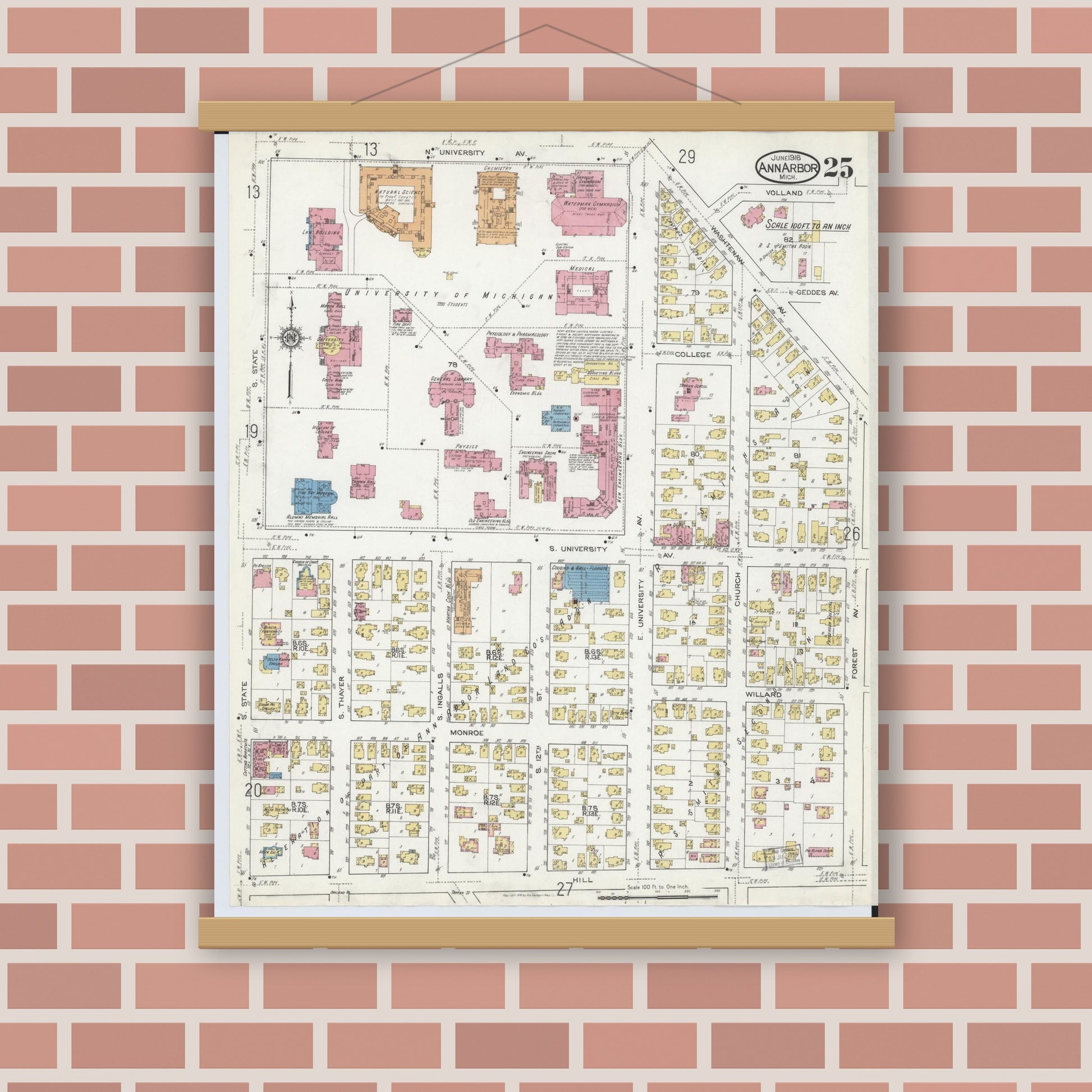 Old map wall art mockup — magnetic wood frame on brick wall — Sanborn Fire Insurance Map from Ann Arbor, Washtenaw County, Michigan (1916), Sheet #0025