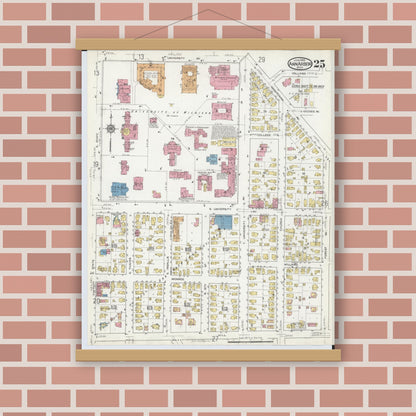Old map wall art mockup — magnetic wood frame on brick wall — Sanborn Fire Insurance Map from Ann Arbor, Washtenaw County, Michigan (1916), Sheet #0025