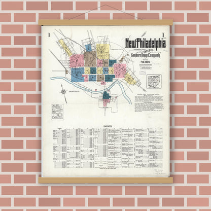 Old map wall art mockup — magnetic wood frame on brick wall — Sanborn Fire Insurance Map from New Philadelphia, Tuscarawas County, Ohio (1926), Sheet #0001