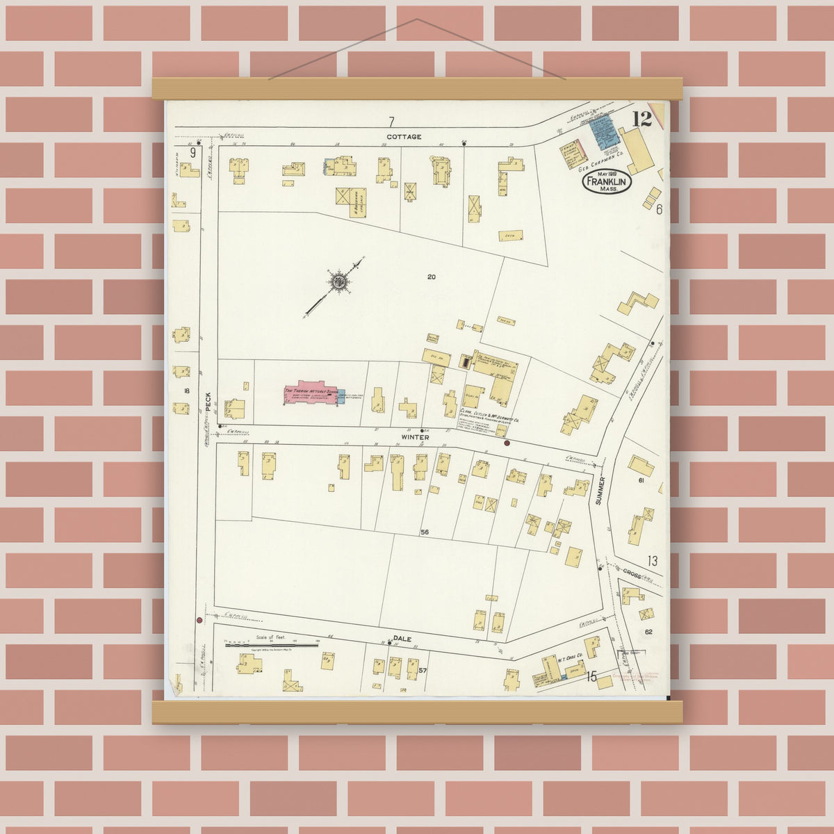 Old map wall art mockup — magnetic wood frame on brick wall — Sanborn Fire Insurance Map from Franklin, Norfolk County, Massachusetts (1919), Sheet #0012