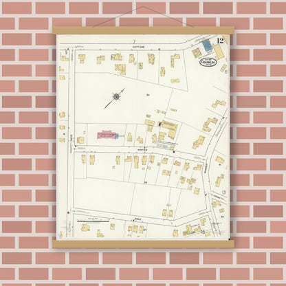 Old map wall art mockup — magnetic wood frame on brick wall — Sanborn Fire Insurance Map from Franklin, Norfolk County, Massachusetts (1919), Sheet #0012