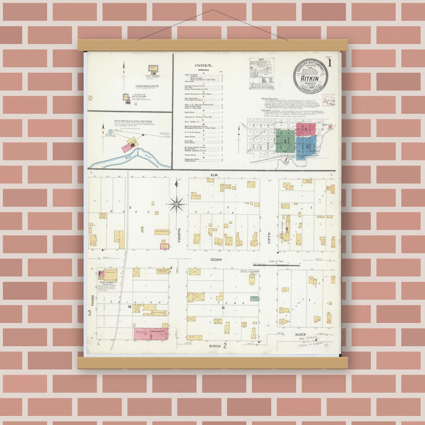 Old map wall art mockup — magnetic wood frame on brick wall — Sanborn Fire Insurance Map from Aitkin, Aitkin County, Minnesota (1908) - Complete Map Set