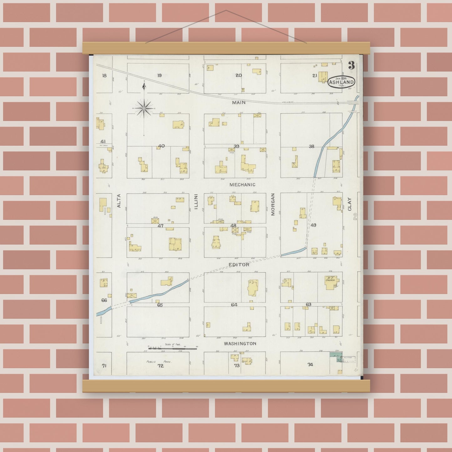 Old map wall art mockup — magnetic wood frame on brick wall — Sanborn Fire Insurance Map from Ashland, Cass County, Illinois (1894), Sheet #0003