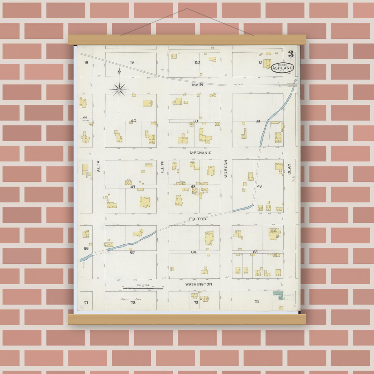 Old map wall art mockup — magnetic wood frame on brick wall — Sanborn Fire Insurance Map from Ashland, Cass County, Illinois (1894), Sheet #0003