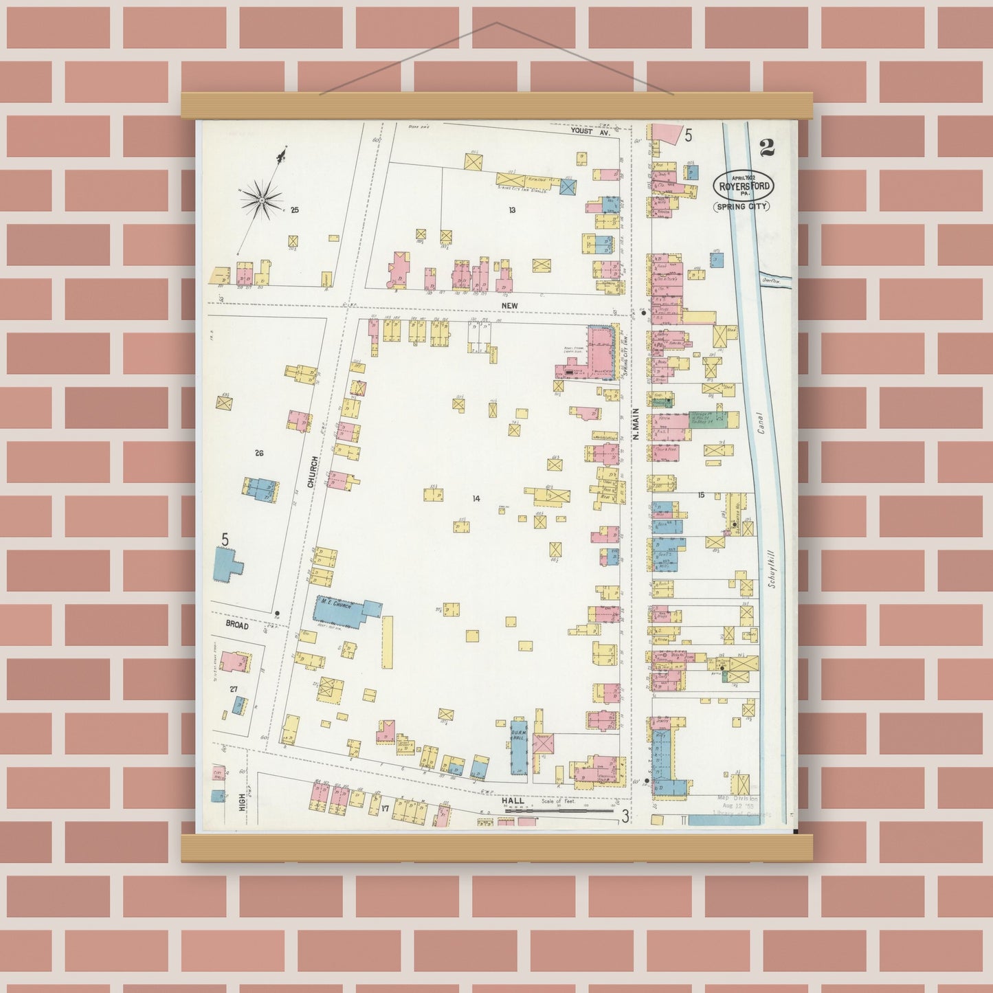 Old map wall art mockup — magnetic wood frame on brick wall — Sanborn Fire Insurance Map from Royersford, Montgomery County, Pennsylvania (1902), Sheet #0002