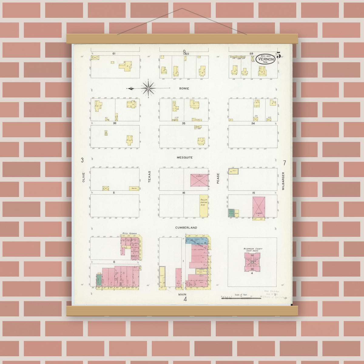 Old map wall art mockup — magnetic wood frame on brick wall — Sanborn Fire Insurance Map from Vernon, Wilbarger County, Texas (1907), Sheet #0005
