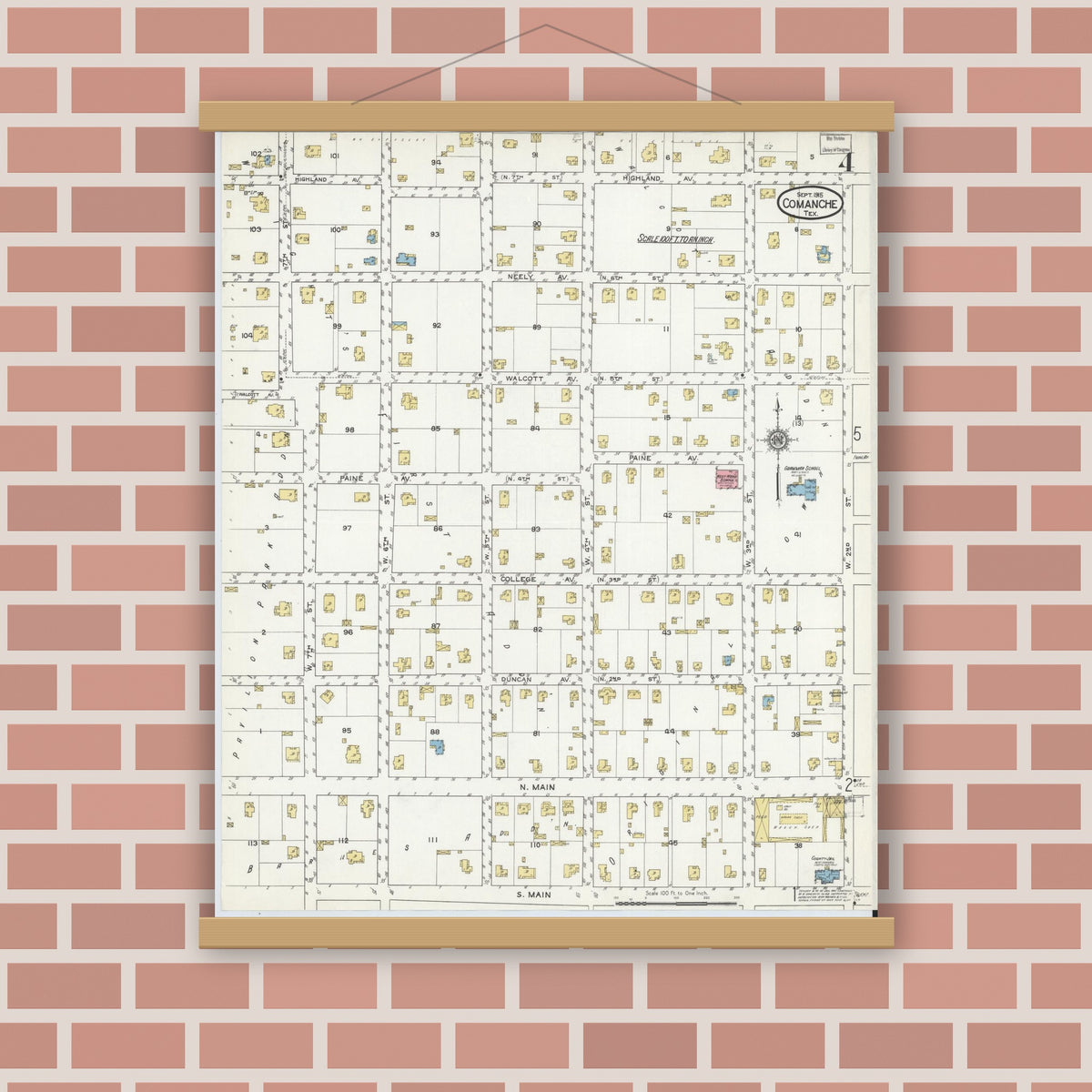 Old map wall art mockup — magnetic wood frame on brick wall — Sanborn Fire Insurance Map from Comanche, Comanche County, Texas (1915), Sheet #0004