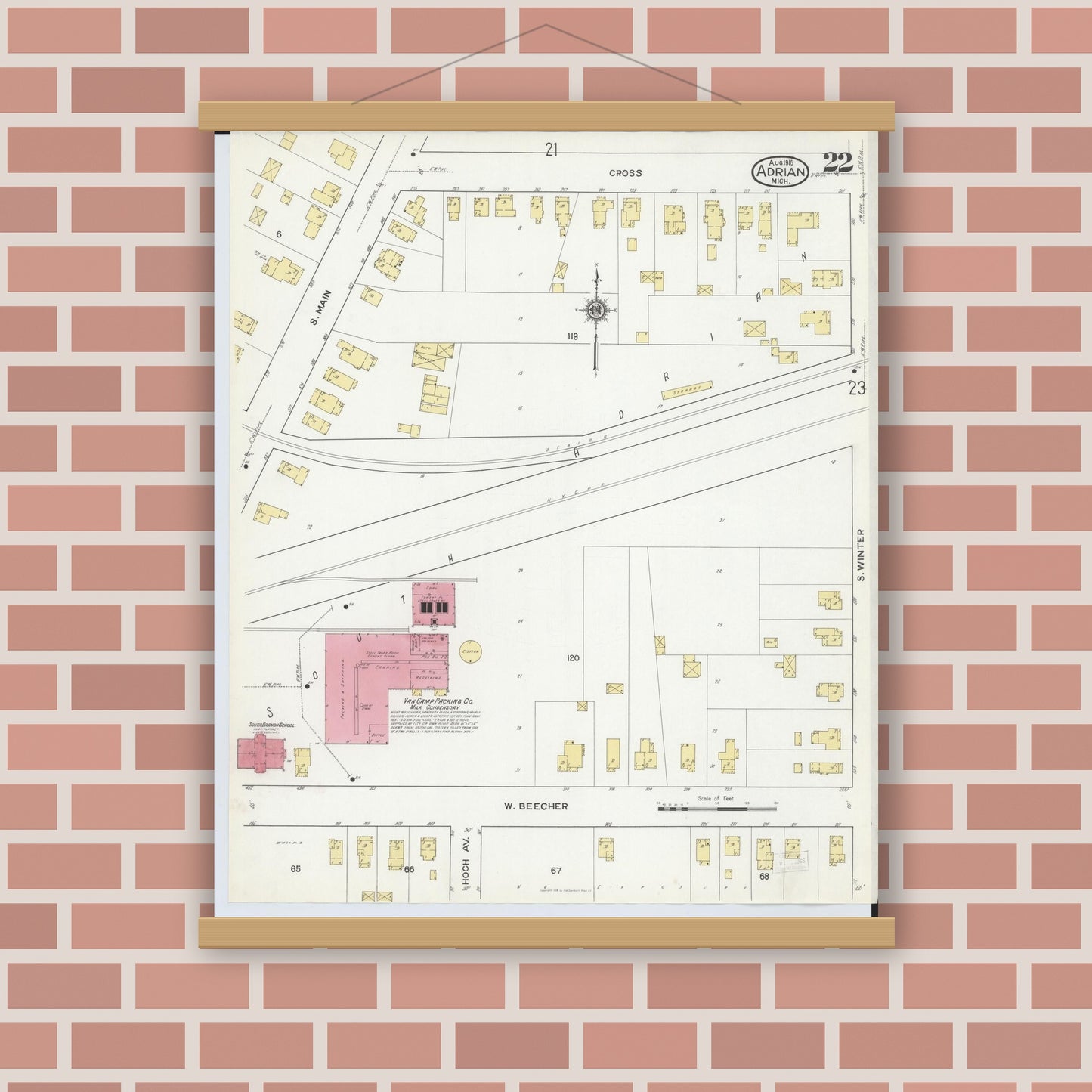 Old map wall art mockup — magnetic wood frame on brick wall — Sanborn Fire Insurance Map from Adrian, Lenawee County, Michigan (1916), Sheet #0022