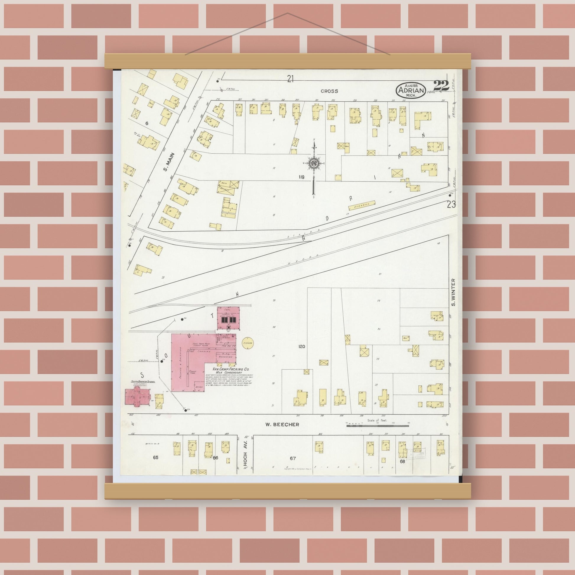 Old map wall art mockup — magnetic wood frame on brick wall — Sanborn Fire Insurance Map from Adrian, Lenawee County, Michigan (1916), Sheet #0022