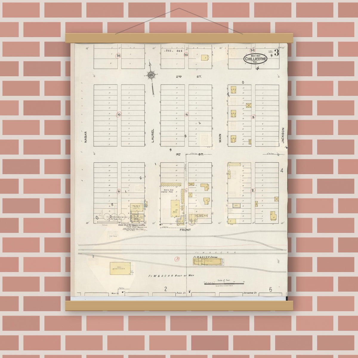 Old map wall art mockup — magnetic wood frame on brick wall — Sanborn Fire Insurance Map from Chillicothe, Hardeman County, Texas (1941), Sheet #0003