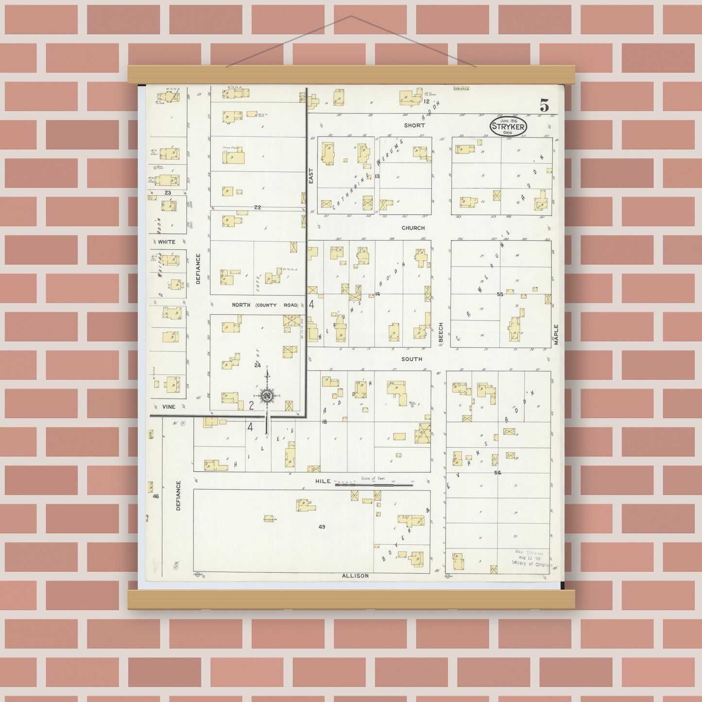 Old map wall art mockup — magnetic wood frame on brick wall — Sanborn Fire Insurance Map from Stryker, Williams County, Ohio (1916), Sheet #0005