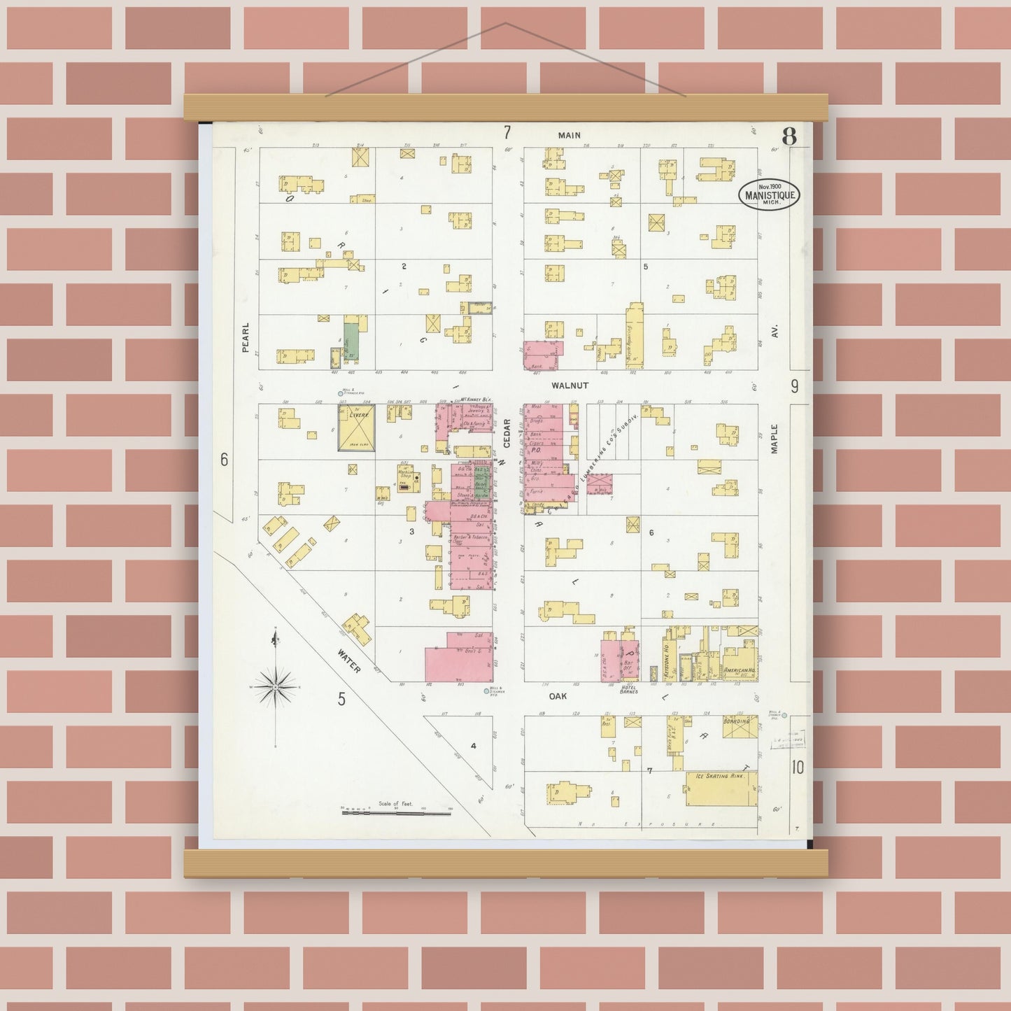 Old map wall art mockup — magnetic wood frame on brick wall — Sanborn Fire Insurance Map from Manistique, Schoolcraft County, Michigan (1900), Sheet #0008