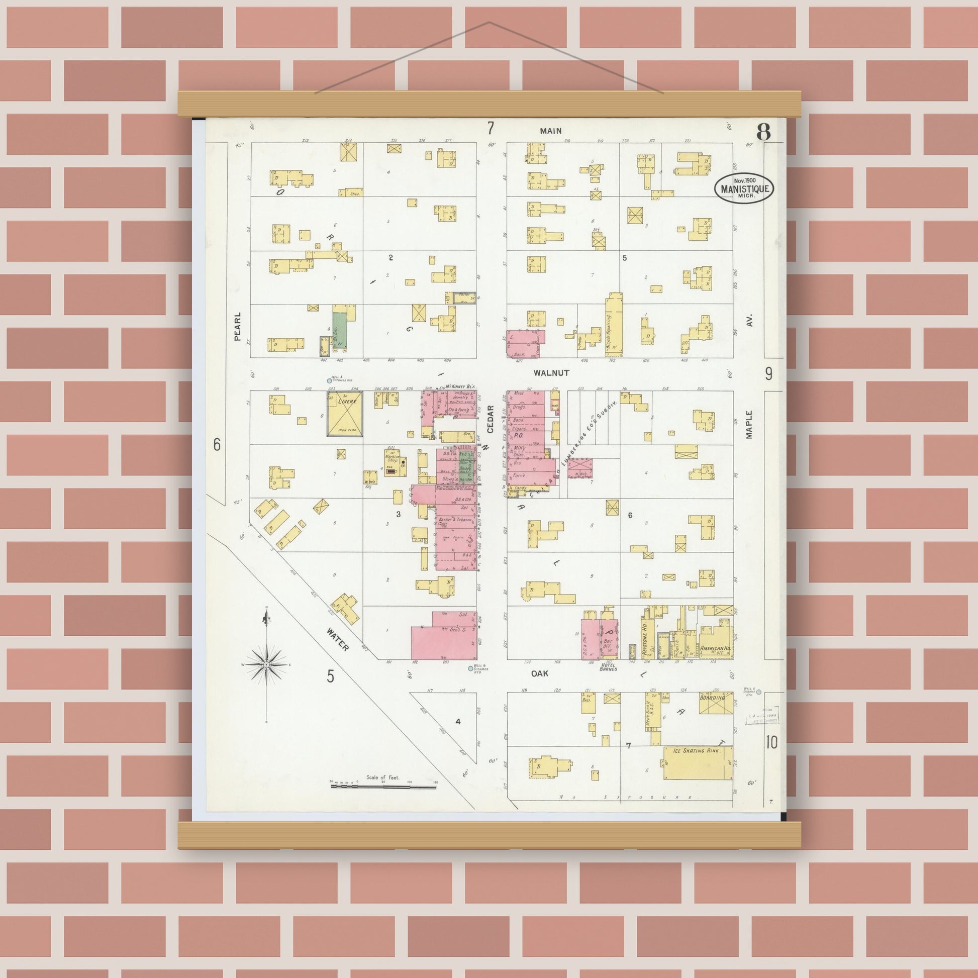 Old map wall art mockup — magnetic wood frame on brick wall — Sanborn Fire Insurance Map from Manistique, Schoolcraft County, Michigan (1900), Sheet #0008