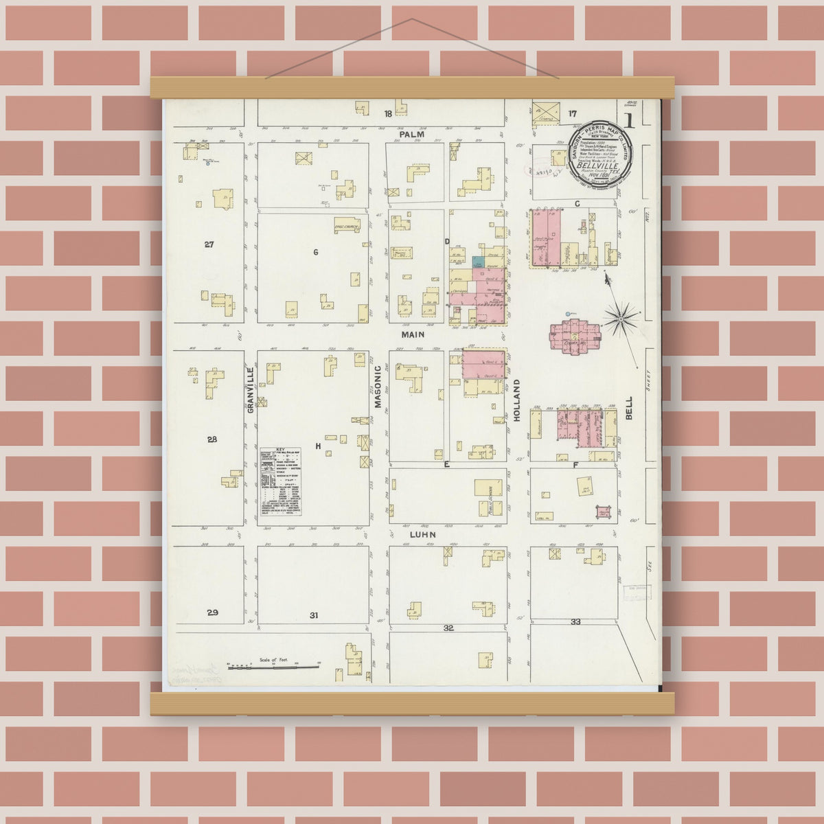 Old map wall art mockup — magnetic wood frame on brick wall — Sanborn Fire Insurance Map from Bellville, Austin County, Texas (1891) - Complete Map Set
