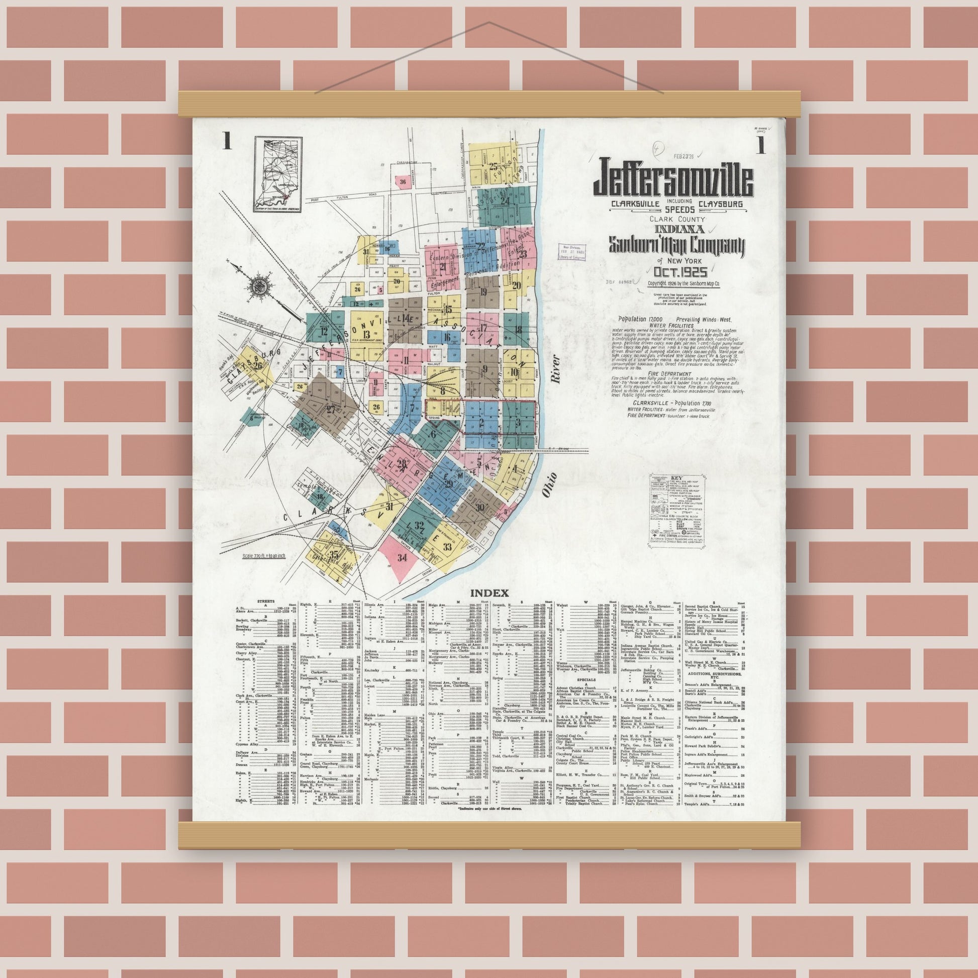Old map wall art mockup — magnetic wood frame on brick wall — Sanborn Fire Insurance Map from Jeffersonville, Clark County, Indiana (1925), Sheet #0001