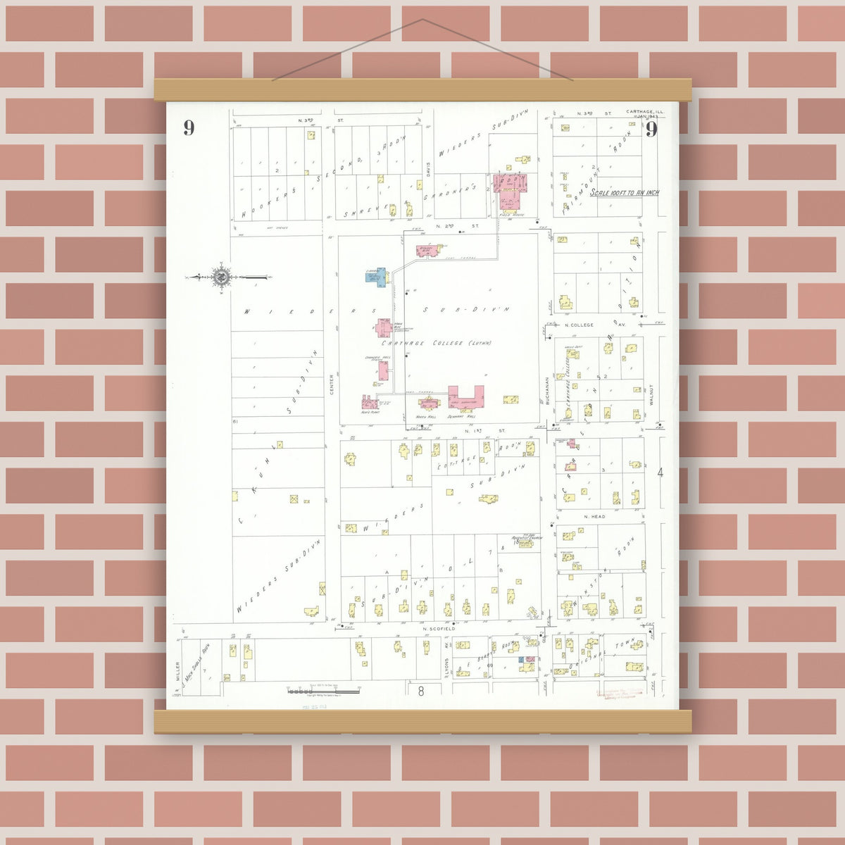 Old map wall art mockup — magnetic wood frame on brick wall — Sanborn Fire Insurance Map from Carthage, Hancock County, Illinois (1943), Sheet #0009
