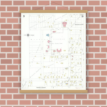 Old map wall art mockup — magnetic wood frame on brick wall — Sanborn Fire Insurance Map from Carthage, Hancock County, Illinois (1943), Sheet #0009