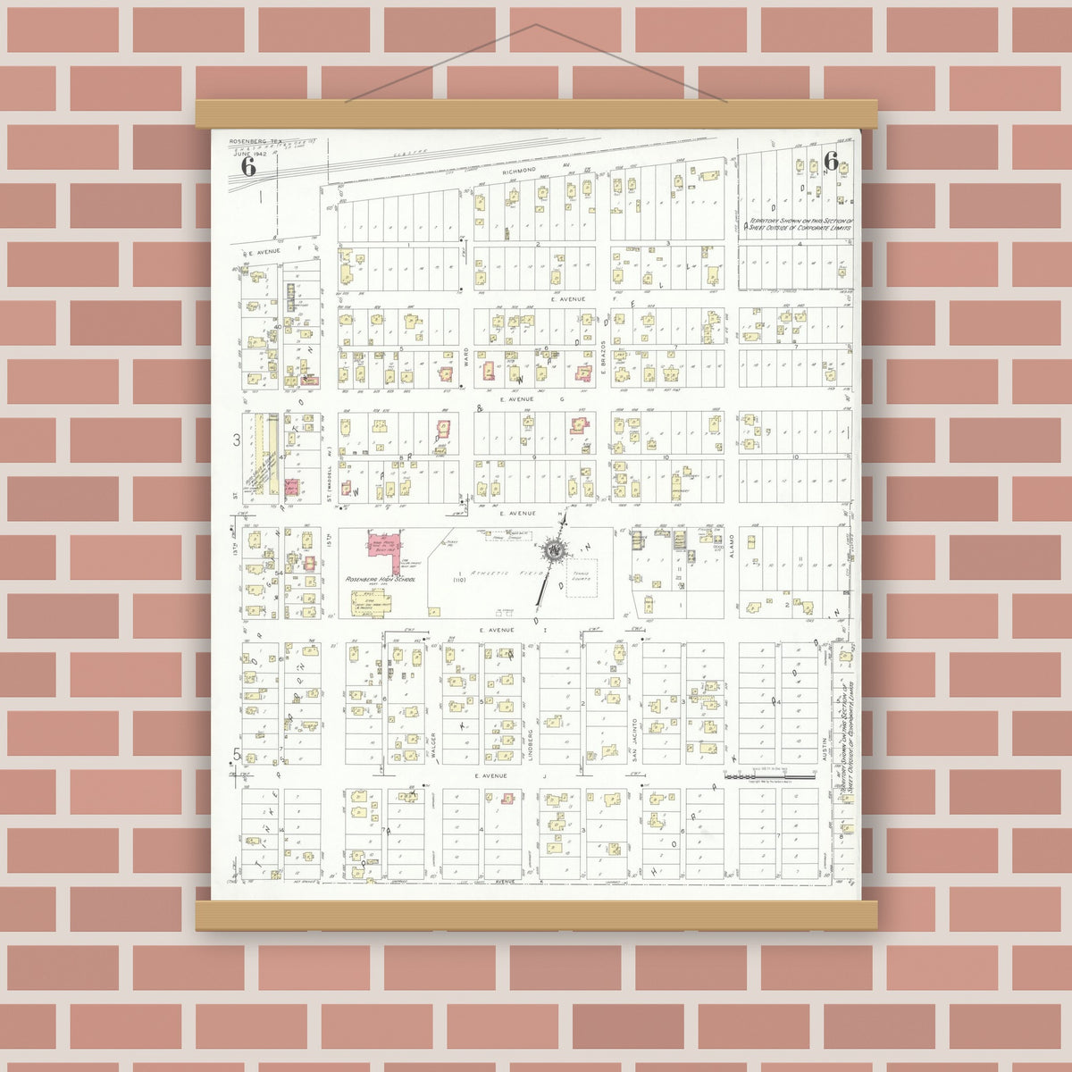 Old map wall art mockup — magnetic wood frame on brick wall — Sanborn Fire Insurance Map from Rosenberg, Fort Bend County, Texas (1942), Sheet #0006