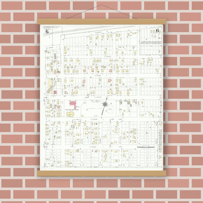 Old map wall art mockup — magnetic wood frame on brick wall — Sanborn Fire Insurance Map from Rosenberg, Fort Bend County, Texas (1942), Sheet #0006