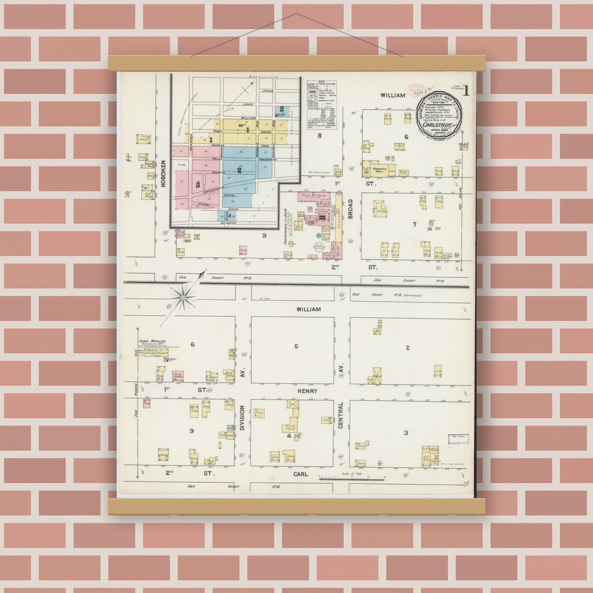 Old map wall art mockup — magnetic wood frame on brick wall — Sanborn Fire Insurance Map from Carlstadt, Bergen County, New Jersey (1890) - Complete Map Set