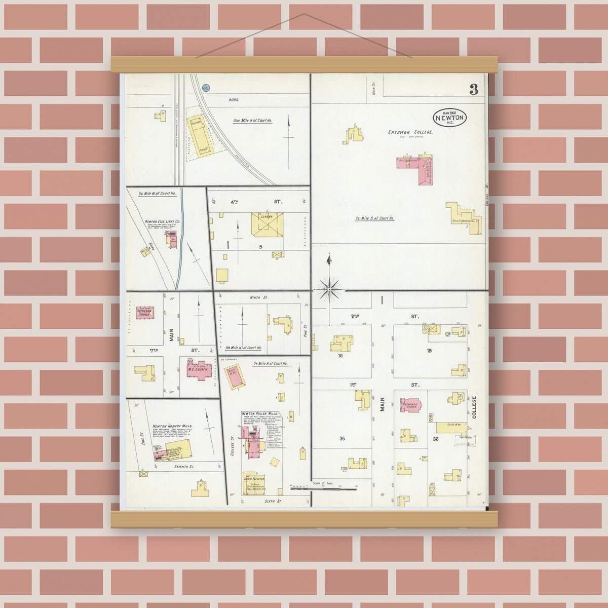 Old map wall art mockup — magnetic wood frame on brick wall — Sanborn Fire Insurance Map from Newton, Catawba County, North Carolina (1902), Sheet #0003