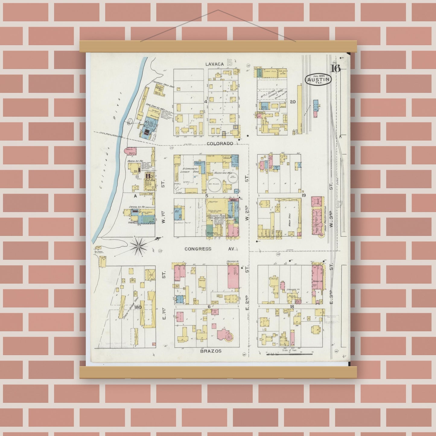 Old map wall art mockup — magnetic wood frame on brick wall — Sanborn Fire Insurance Map from Austin, Travis County, Texas (1894), Sheet #0016