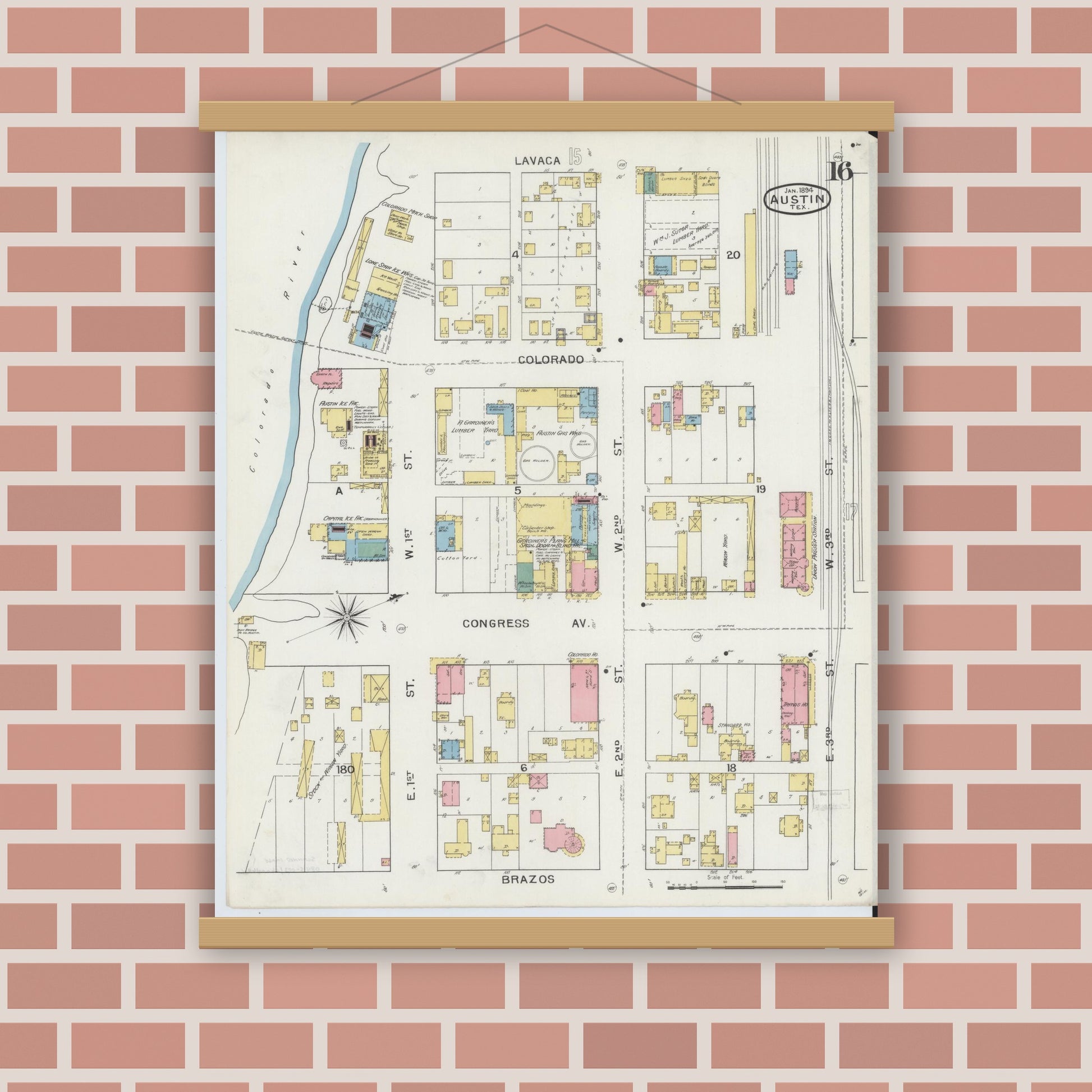 Old map wall art mockup — magnetic wood frame on brick wall — Sanborn Fire Insurance Map from Austin, Travis County, Texas (1894), Sheet #0016