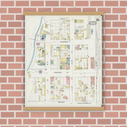 Old map wall art mockup — magnetic wood frame on brick wall — Sanborn Fire Insurance Map from Austin, Travis County, Texas (1894), Sheet #0016