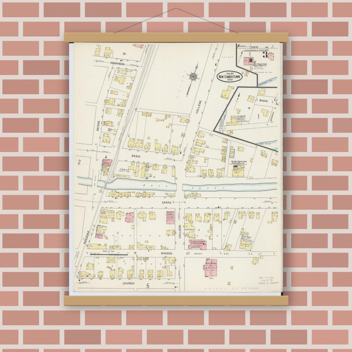 Old map wall art mockup — magnetic wood frame on brick wall — Sanborn Fire Insurance Map from Newcomerstown, Tuscarawas County, Ohio (1915), Sheet #0003