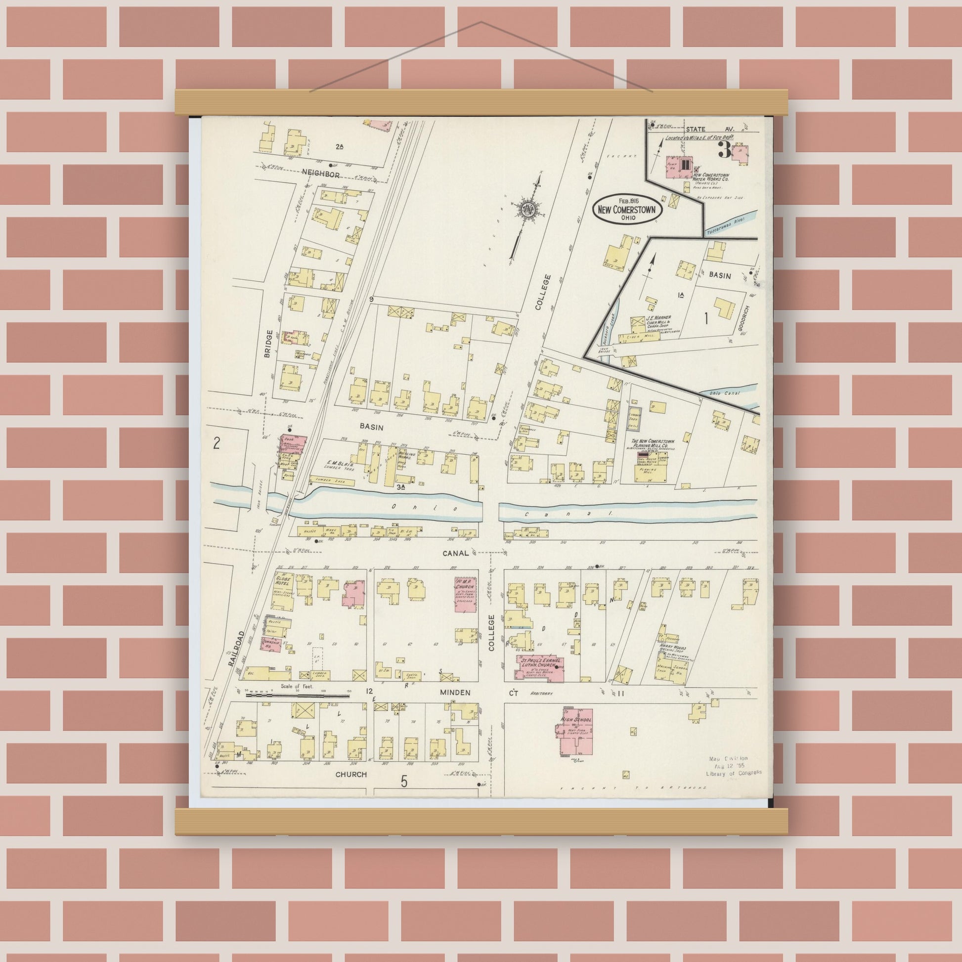 Old map wall art mockup — magnetic wood frame on brick wall — Sanborn Fire Insurance Map from Newcomerstown, Tuscarawas County, Ohio (1915), Sheet #0003