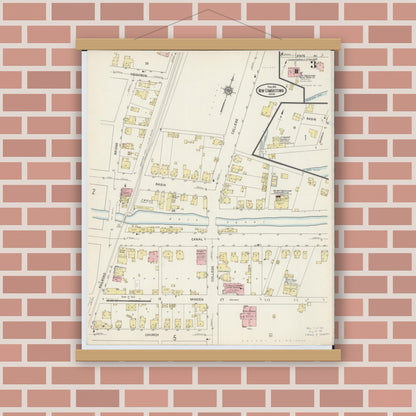 Old map wall art mockup — magnetic wood frame on brick wall — Sanborn Fire Insurance Map from Newcomerstown, Tuscarawas County, Ohio (1915), Sheet #0003