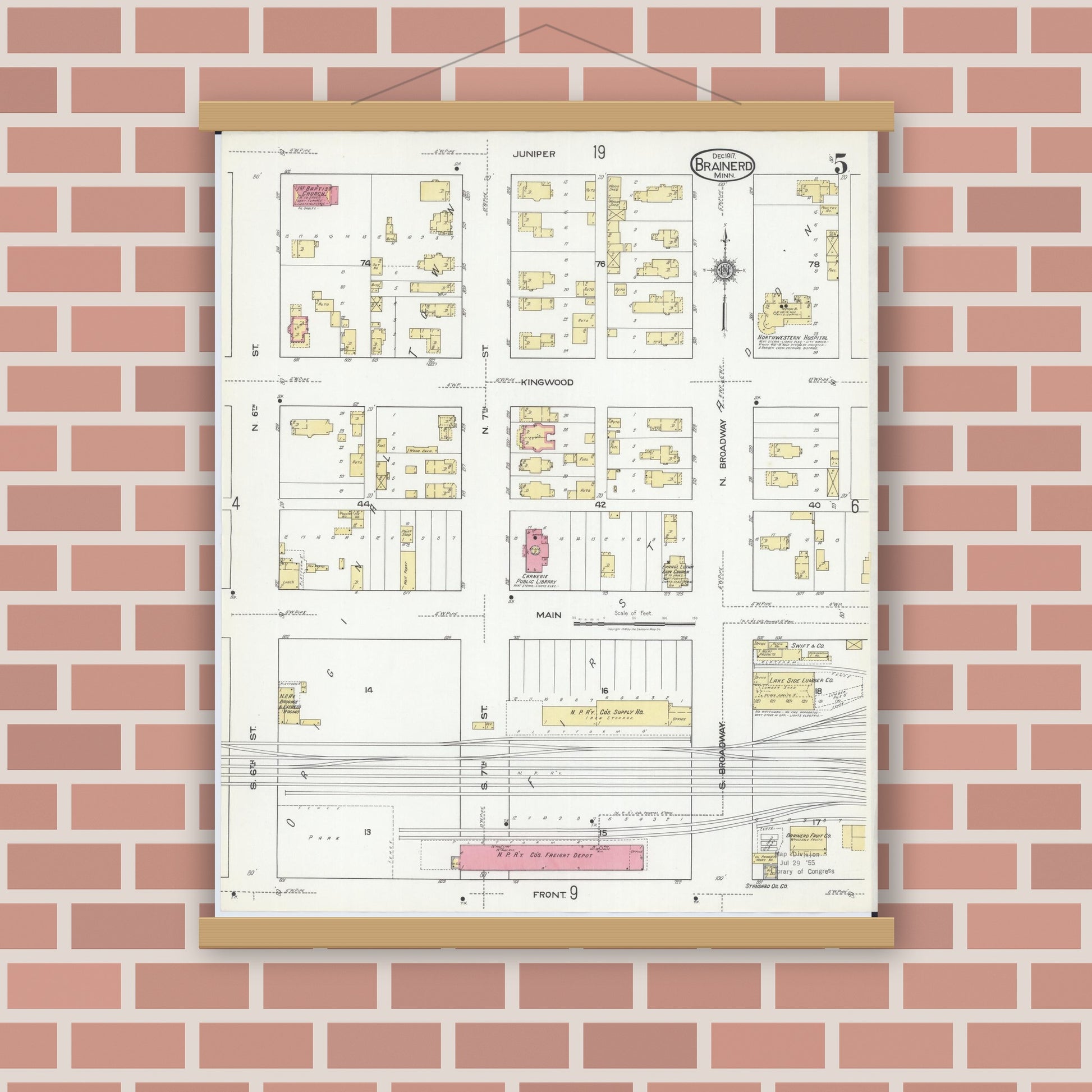 Old map wall art mockup — magnetic wood frame on brick wall — Sanborn Fire Insurance Map from Brainerd, Crow Wing County, Minnesota (1917), Sheet #0005