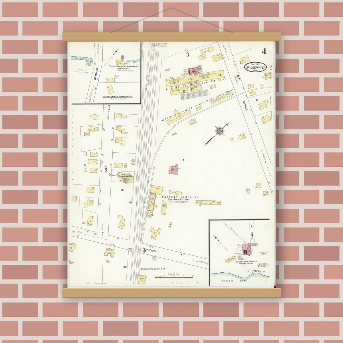 Old map wall art mockup — magnetic wood frame on brick wall — Sanborn Fire Insurance Map from Bridgewater, Plymouth County, Massachusetts (1912), Sheet #0004