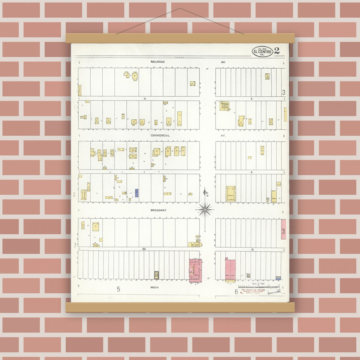 Old map wall art mockup — magnetic wood frame on brick wall — Sanborn Fire Insurance Map from El Centro, Imperial County, California (1910), Sheet #0002