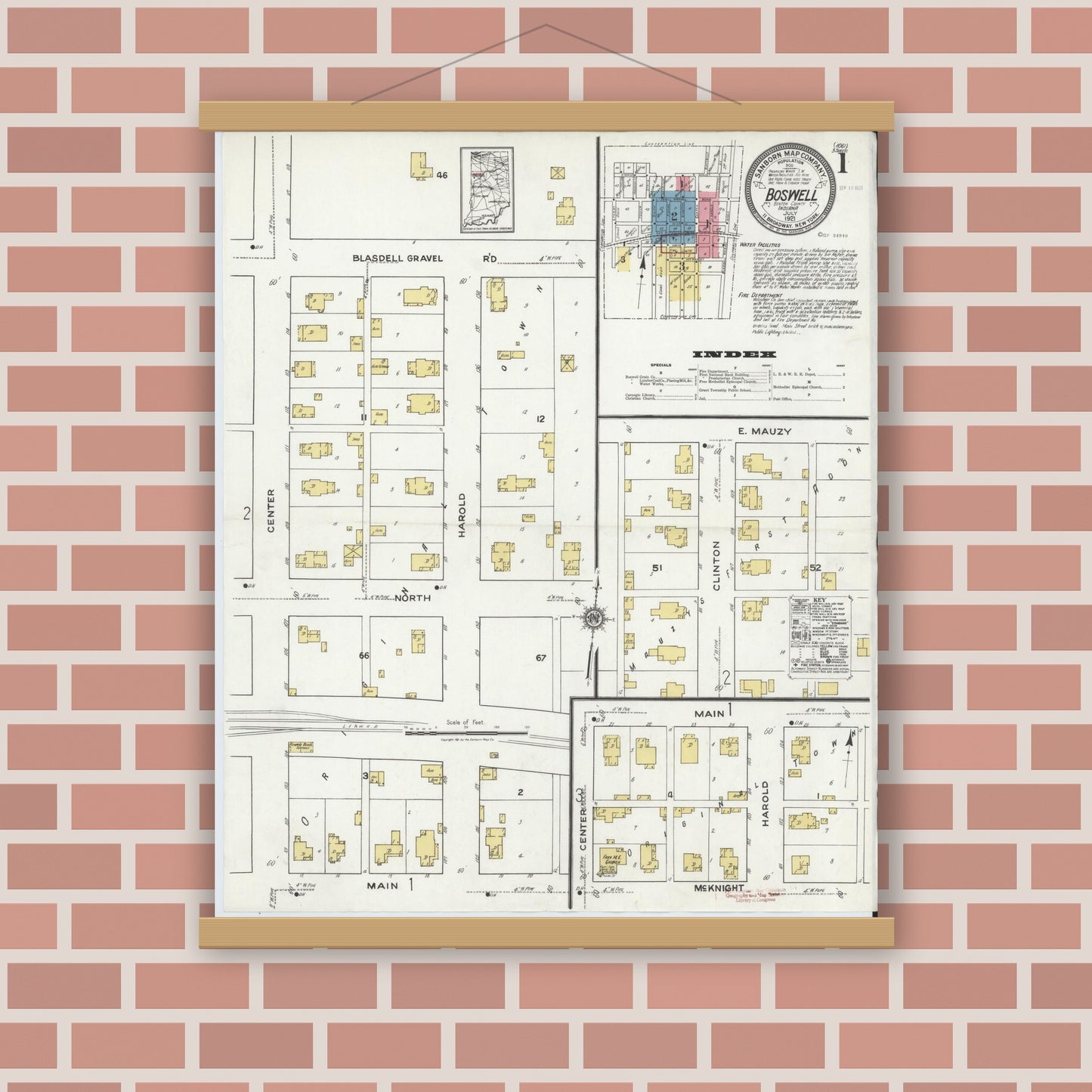 Old map wall art mockup — magnetic wood frame on brick wall — Sanborn Fire Insurance Map from Boswell, Benton County, Indiana (1921), Sheet #0001