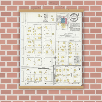 Old map wall art mockup — magnetic wood frame on brick wall — Sanborn Fire Insurance Map from Boswell, Benton County, Indiana (1921), Sheet #0001