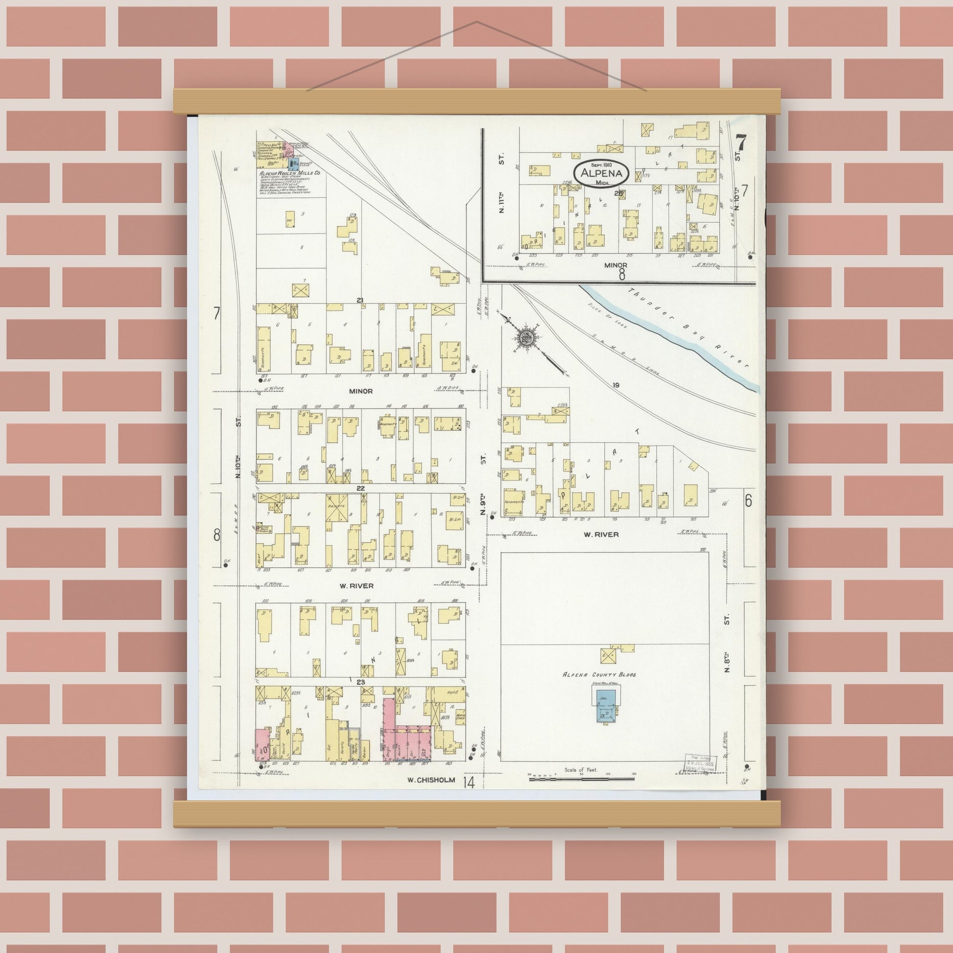 Old map wall art mockup — magnetic wood frame on brick wall — Sanborn Fire Insurance Map from Alpena, Alpena County, Michigan (1910), Sheet #0007