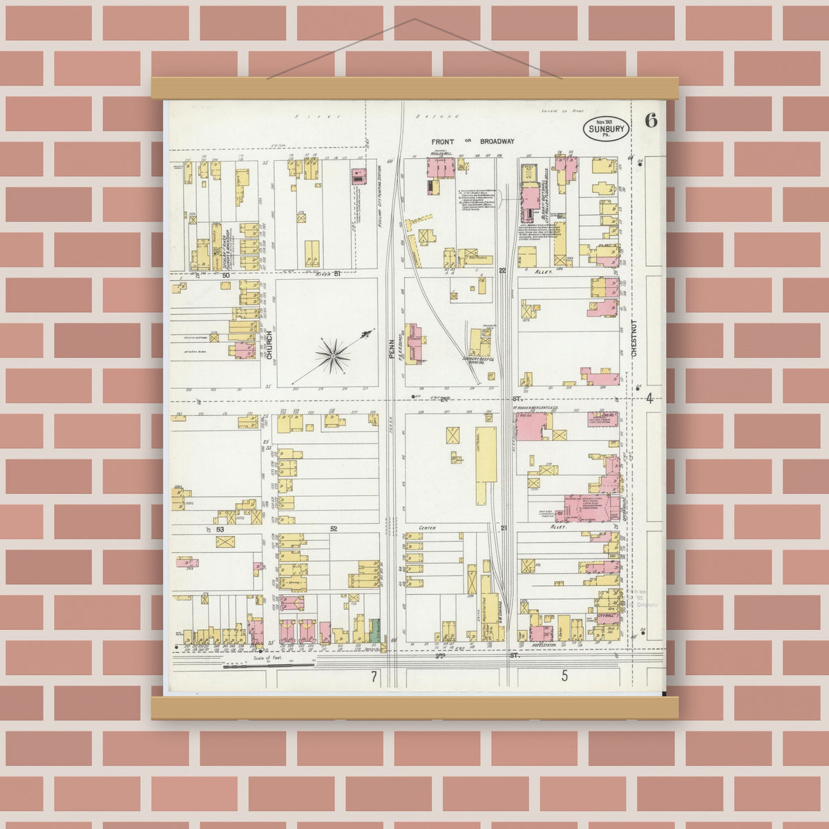 Old map wall art mockup — magnetic wood frame on brick wall — Sanborn Fire Insurance Map from Sunbury, Northumberland County, Pennsylvania (1901), Sheet #0006