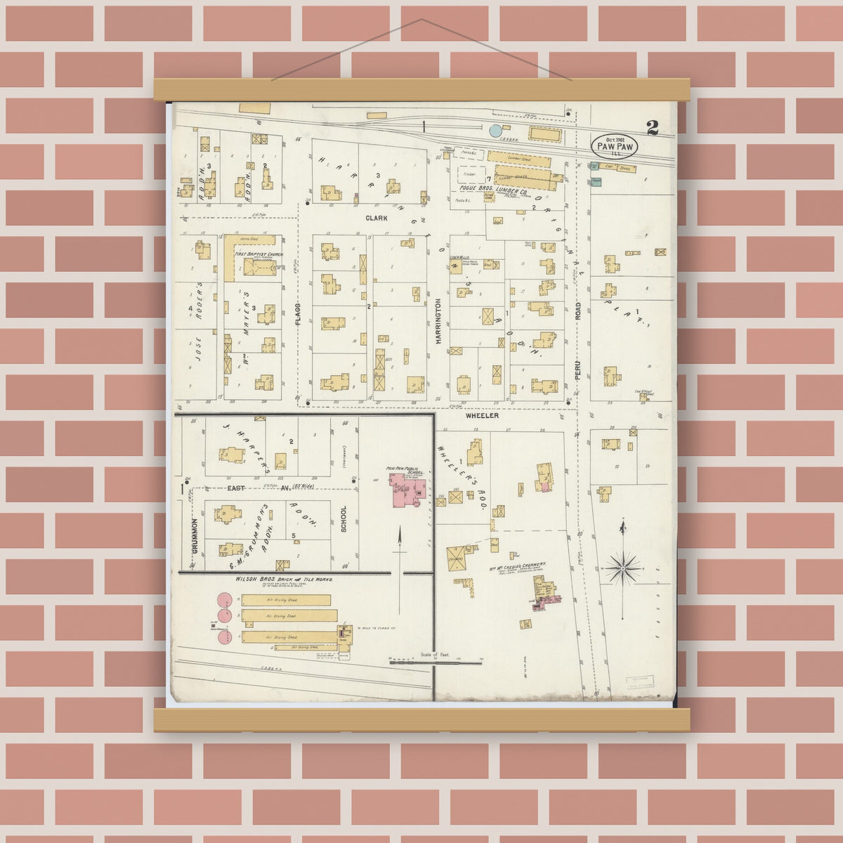 Old map wall art mockup — magnetic wood frame on brick wall — Sanborn Fire Insurance Map from Paw Paw, Lee County, Illinois (1902), Sheet #0002