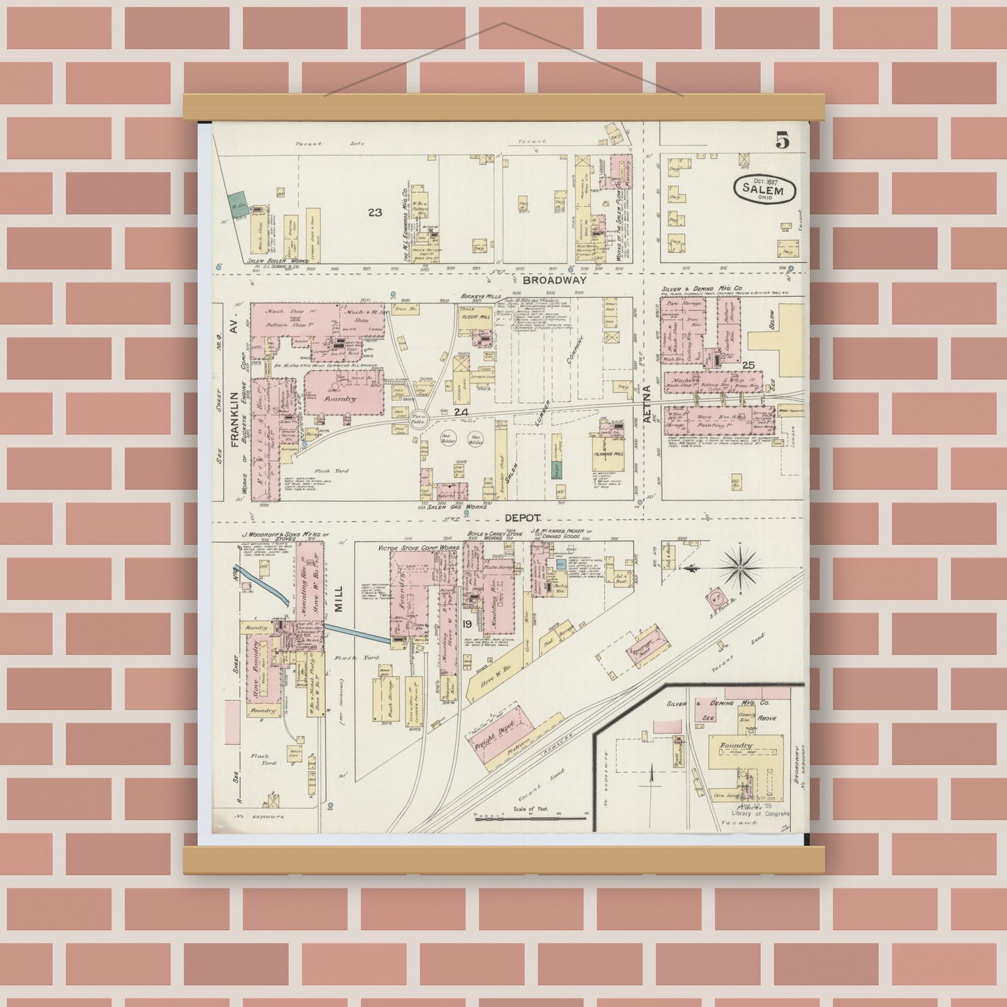 Old map wall art mockup — magnetic wood frame on brick wall — Sanborn Fire Insurance Map from Salem, Columbiana County, Ohio (1887), Sheet #0005